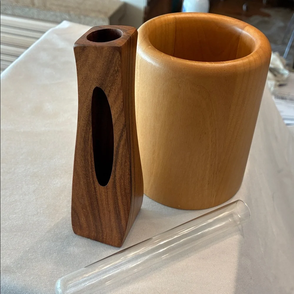 Elegant Wood Vases/Holder Set /2 Different Wood Vases Glass Insert Tube for bud